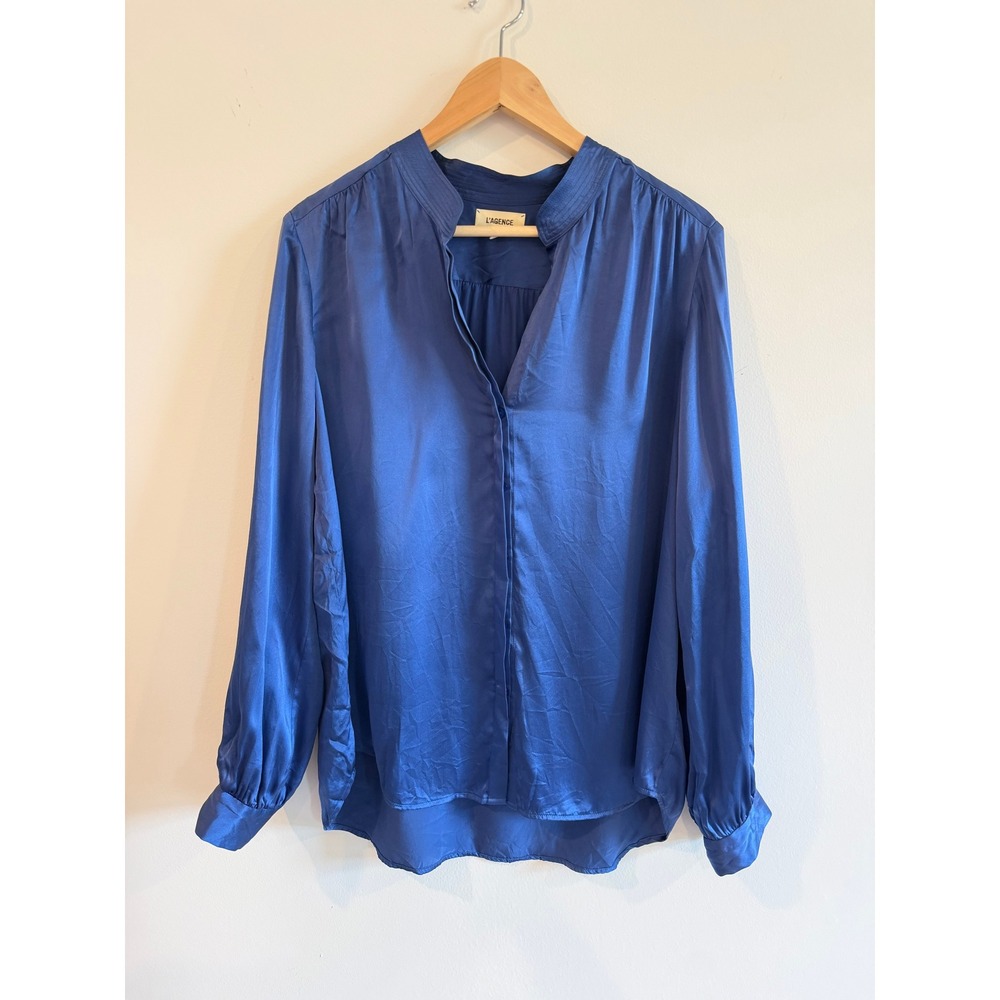 L'Agence Royal Blue 100% Silk Mandarin Collar Button Down Blouse XL